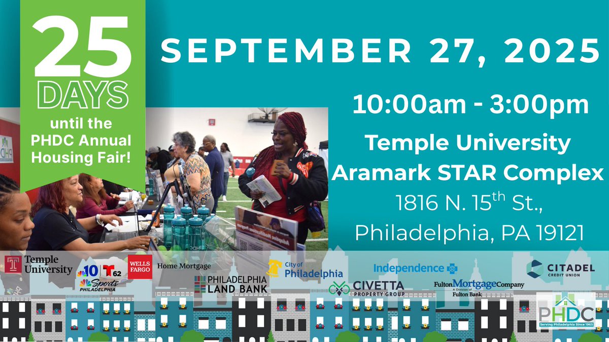 The countdown is on! 📅

Just 25 days until the #PhilaPHDC Annual Housing Fair!

Come out on Sep. 27, between 10am and 3pm to meet with housing pros to learn all about available homebuying and home maintenance programs and services!

Register now: bit.ly/3SUehPK