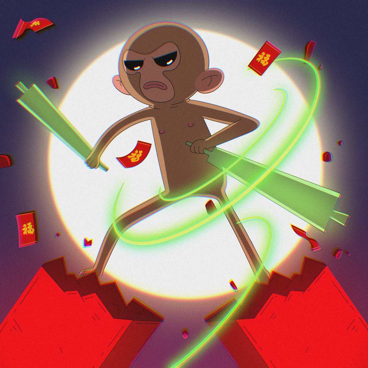 Two green candle chop stick go hiyaaaa  $Mankey