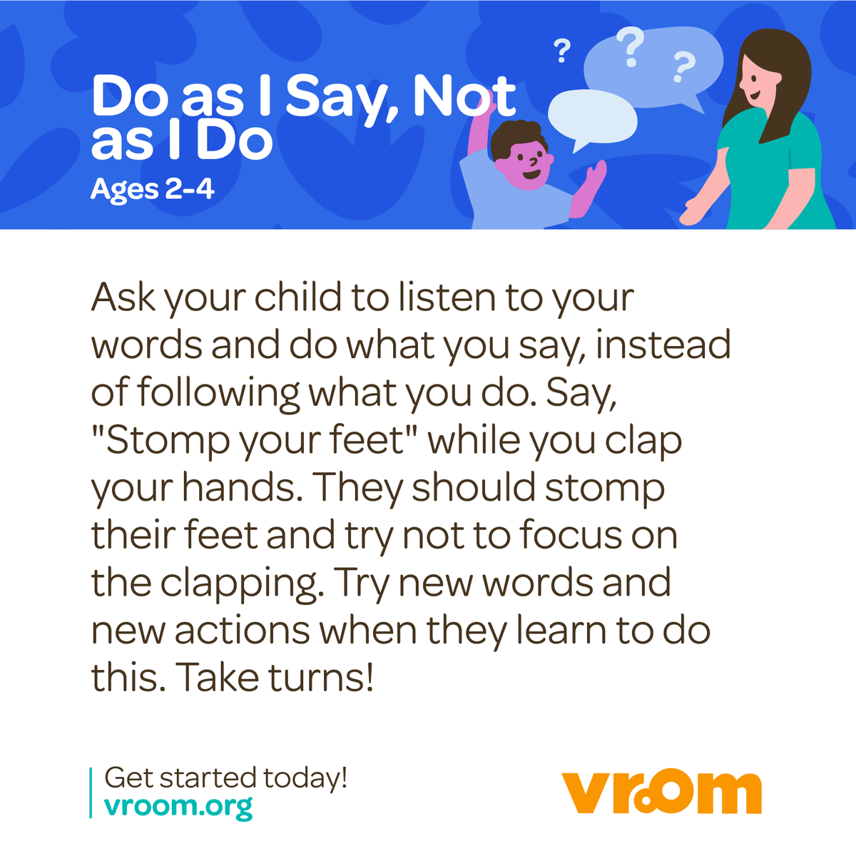 joinvroom's tweet image. Stomp your feet! 👣 
Clap your hands! 👏
Build your brain! 🧠

This Vroom Tip turns mixed signals into Brain Building as your child listens carefully and learns to tune out distractions and build their focus! #ToddlerPlaytime