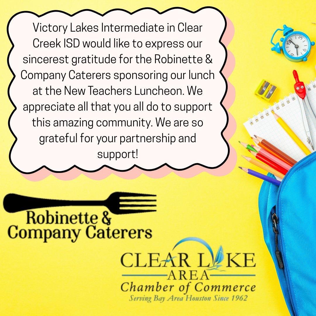 🍎 A heartfelt thank you to Robinette &amp; Company Caterers from Victory Lakes Intermediate for sponsoring our New Teachers Luncheon! Your support helps us welcome hundreds of new CCISD teachers each year. Strong schools build strong communities. ✏️#ClearLakeAreaChamberOfCommerce