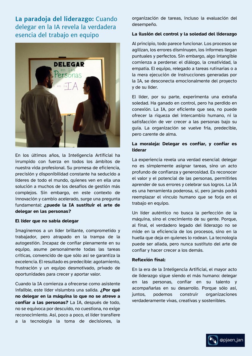 La  IA nos  ayuda a potenciar nuestras habilidades pero la esencia del liderazgo sigue siendo delegar en las personas, confiar en su talento y acompañarlas en su desarrollo ¿y tú que opinas?
<a href="/kinina2006/">Kinina</a>
<a href="/pjaenf_jan/">Pedro Jaén</a>