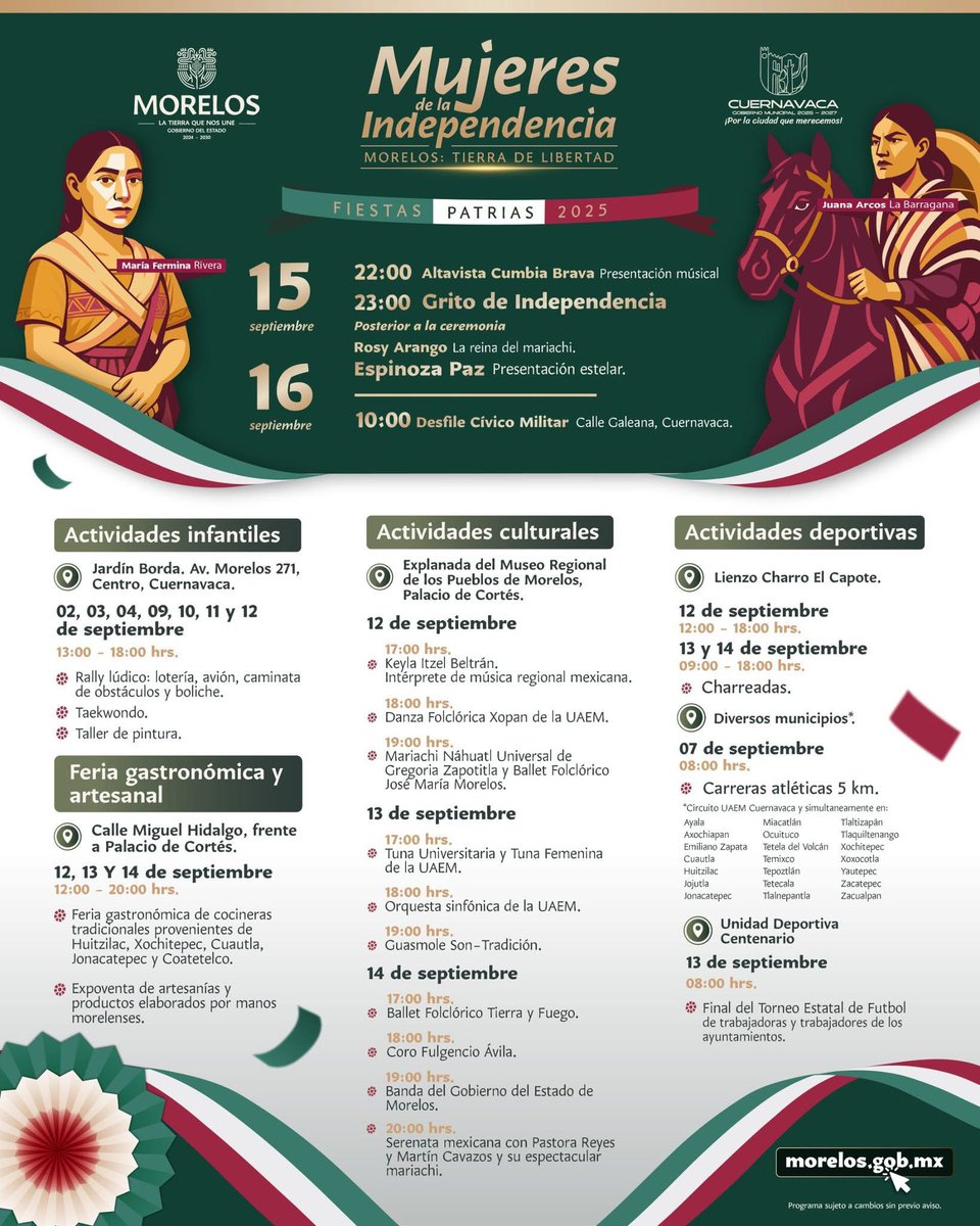 Secretaría de Desarrollo Económico y del Trabajo (@sdeyt_morelos) on Twitter photo 🇲🇽Acompáñanos del 12 al 14 de septiembre, a la Feria Gastronómica y Artesanal en Calle Hidalgo, frente al Palacio de Cortés, de 12:00 a 20:00 horas.🇲🇽
🍲🥻 Con la participación de las y los productores y artesanos afiliados al programa <a href="/Orgullo_Morelos/">Orgullo Morelos</a>
#LaTierraQueNosUne 🇲🇽Acompáñanos del 12 al 14 de septiembre, a la Feria Gastronómica y Artesanal en Calle Hidalgo, frente al Palacio de Cortés, de 12:00 a 20:00 horas.🇲🇽
🍲🥻 Con la participación de las y los productores y artesanos afiliados al programa <a href="/Orgullo_Morelos/">Orgullo Morelos</a>
#LaTierraQueNosUne