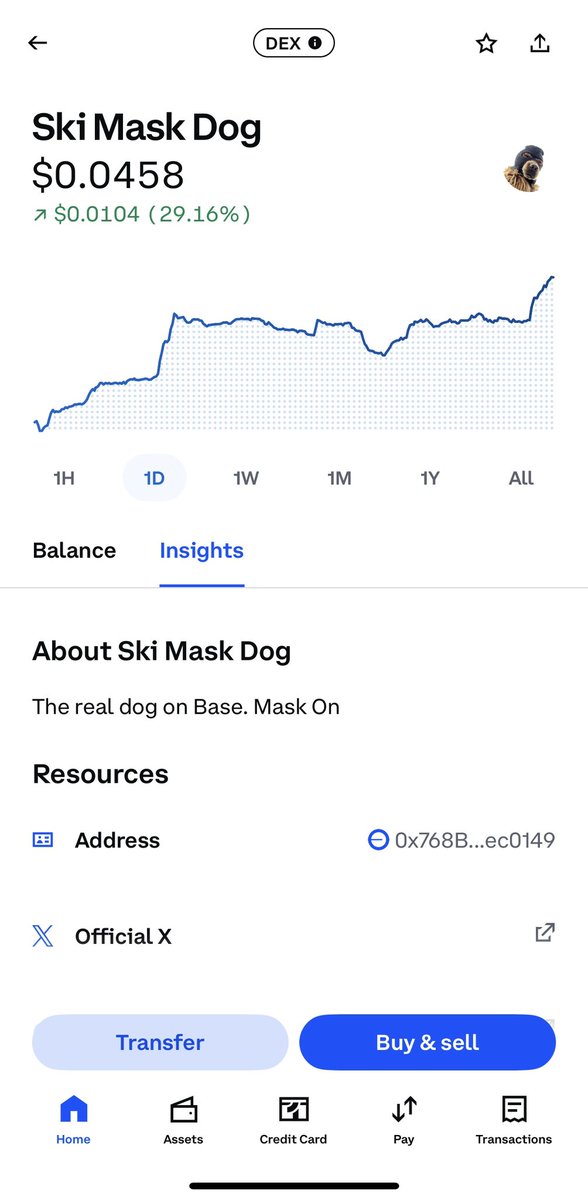 Base App 上 Ski Mask Dog 代币的截图，显示价格和详情