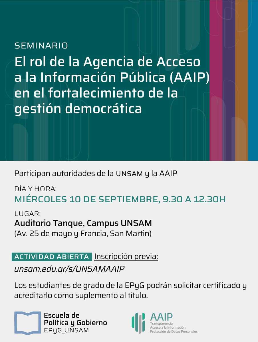 📌 La EPyG y la <a href="/AAIPargentina/">AAIP</a> invitan a conversar sobre la promoción activa del derecho de acceso a la información, la garantía de transparencia en la administración pública y la protección de datos personales.

🗓️10/9, 9:30
📍Campus UNSAM

🔗 Programa👇🏻
 noticias.unsam.edu.ar/2025/09/02/sem…