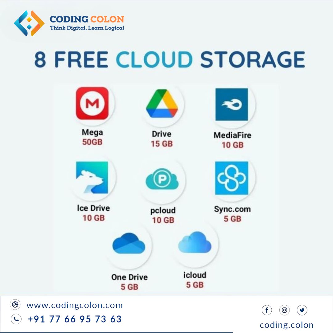 coding_colon's tweet image. ☁️💾 Need extra storage without spending a penny?
Here are 8 Free Cloud Storage options to keep your files safe & accessible anytime, anywhere! 🚀
👉 Which one do you use the most?
#CodingColon #CloudStorage #FreeStorage #TechTips #DigitalLife #ProductivityTools #LearnWithUs