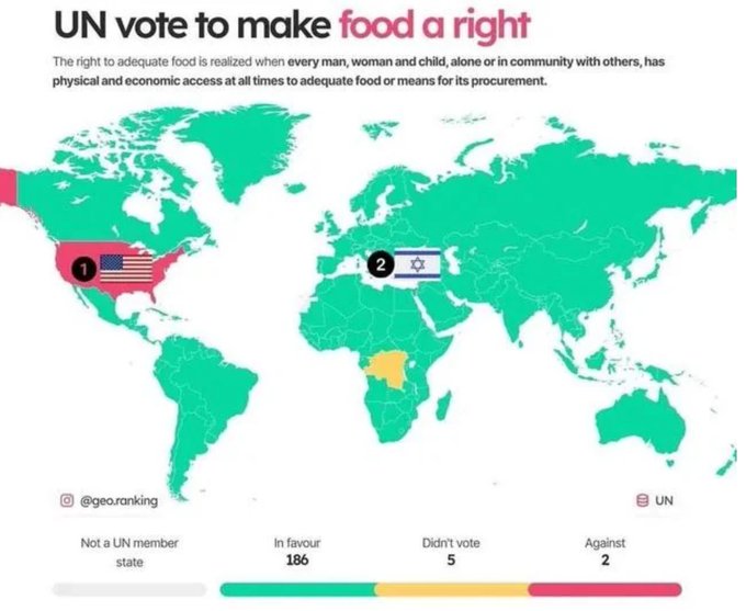 A world map with countries colored green, yellow, and red. Green indicates countries in favor, yellow indicates those that didn\'t vote, and red marks the United States and Israel as against. Text overlays include "UN vote to make food a right" and a definition of the right to food, with a bar chart showing 186 in favor, 5 didn\'t vote, and 2 against.