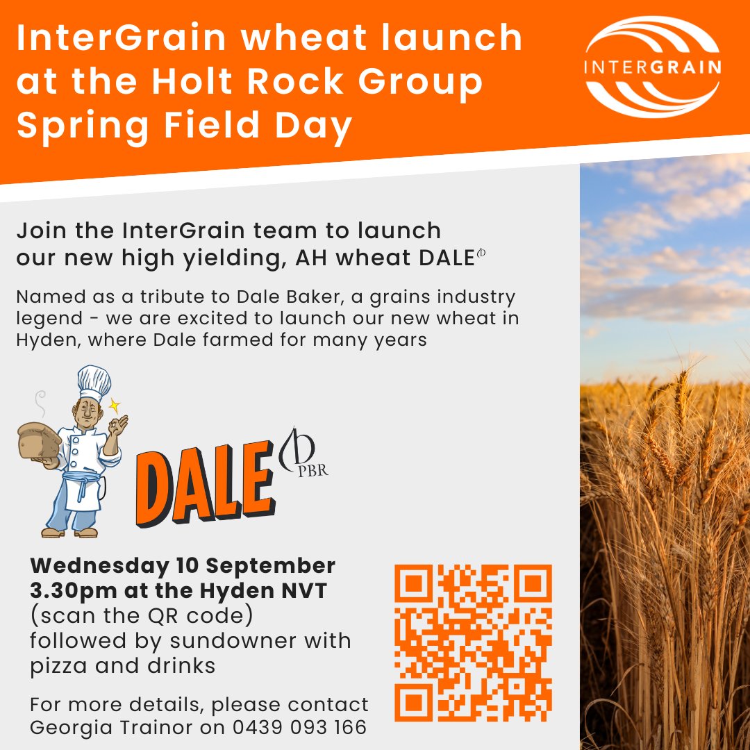 InterGrain (@intergrain1) on Twitter photo We are excited to be launching our new high yielding AH wheat Dale next week at the Holt Rock Group Spring Field Day. For anyone in the area, come along to the Hyden NVT from 3pm for an NVT walk followed by a sundowner. RSVP to <a href="/G_ctrain/">Georgia Trainor</a> We are excited to be launching our new high yielding AH wheat Dale next week at the Holt Rock Group Spring Field Day. For anyone in the area, come along to the Hyden NVT from 3pm for an NVT walk followed by a sundowner. RSVP to <a href="/G_ctrain/">Georgia Trainor</a>