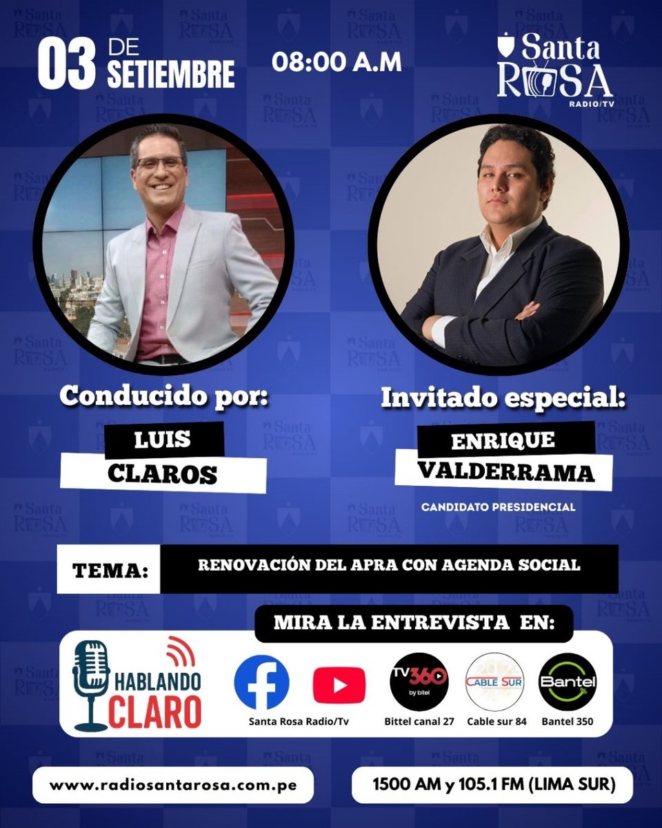 Este miércoles a las 8 AM en "HABLANDO CLARO" por <a href="/radio_santarosa/">RadioSantaRosa</a> los espero! 💪 interactúen con nosotros en vivo por YouTube y Facebook
