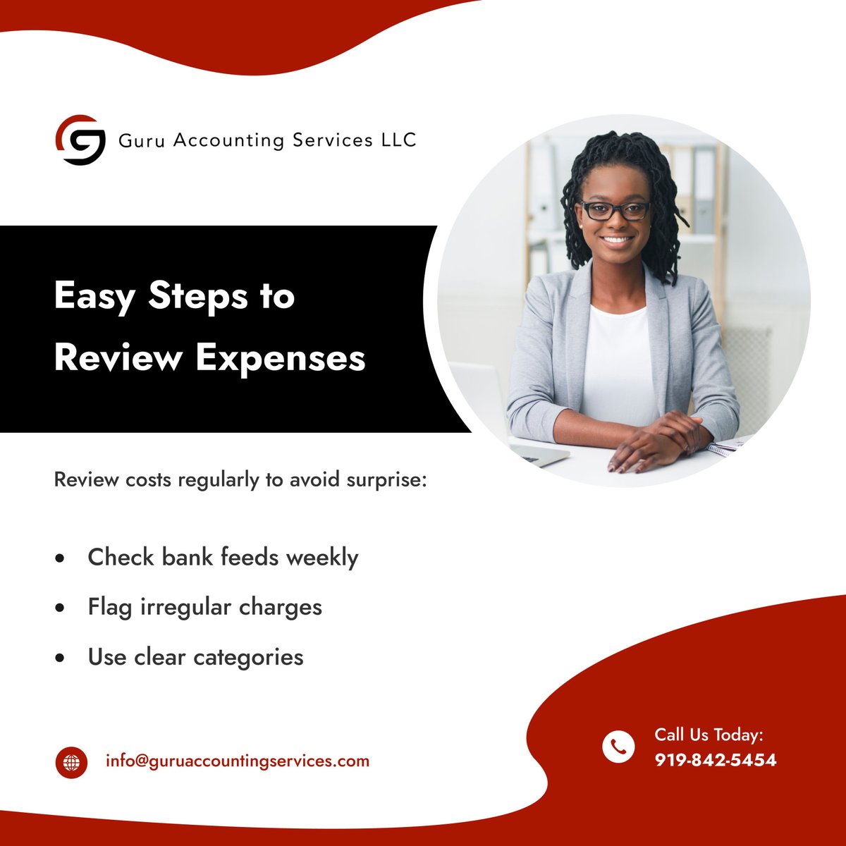 GuruAccountingS's tweet image. Reviewing business expenses doesn’t take long, but it makes a big difference. Keep control over your budget with these basic steps. 

#RaleighNC #TaxAndAccountingServices #BudgetingHelp
