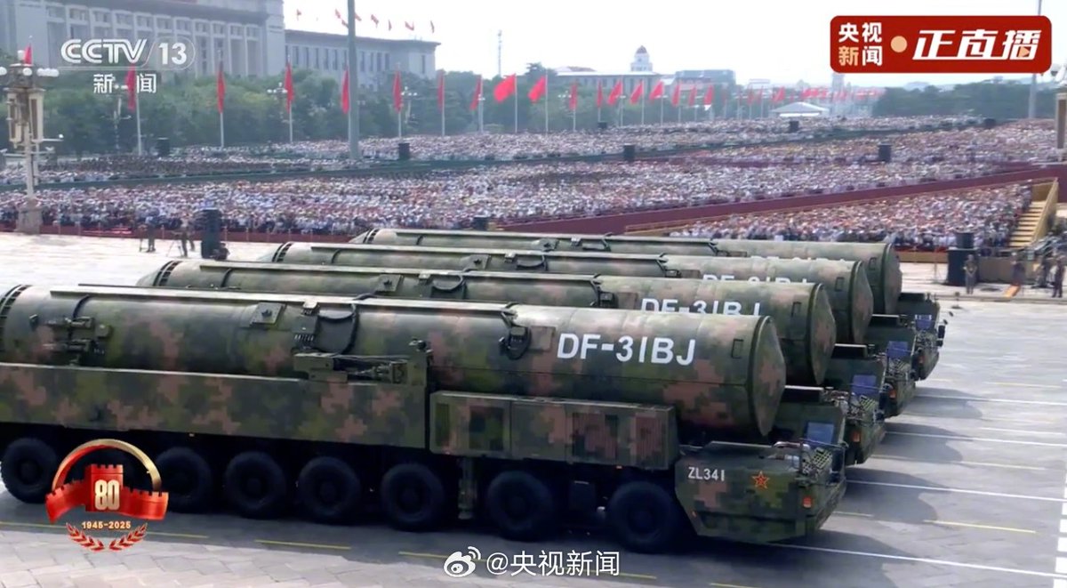 PDChina's tweet photo. China unveiled its land-, sea-, and air-based strategic forces as the nuclear triad for the first time in Wednesday's V-Day military parade.

The triad included JingLei-1 air-based long-range missile, JuLang-3 submarine-launched intercontinental missile, DongFeng-61 land-based intercontinental missile, and new type DongFeng-31 land-based intercontinental missile.

The weapons are China's strategic "ace" power to safeguard the country's sovereignty and nation's dignity.