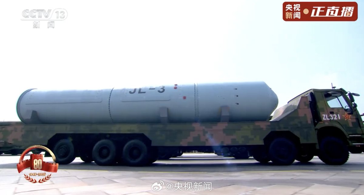 PDChina's tweet photo. China unveiled its land-, sea-, and air-based strategic forces as the nuclear triad for the first time in Wednesday's V-Day military parade.

The triad included JingLei-1 air-based long-range missile, JuLang-3 submarine-launched intercontinental missile, DongFeng-61 land-based intercontinental missile, and new type DongFeng-31 land-based intercontinental missile.

The weapons are China's strategic "ace" power to safeguard the country's sovereignty and nation's dignity.