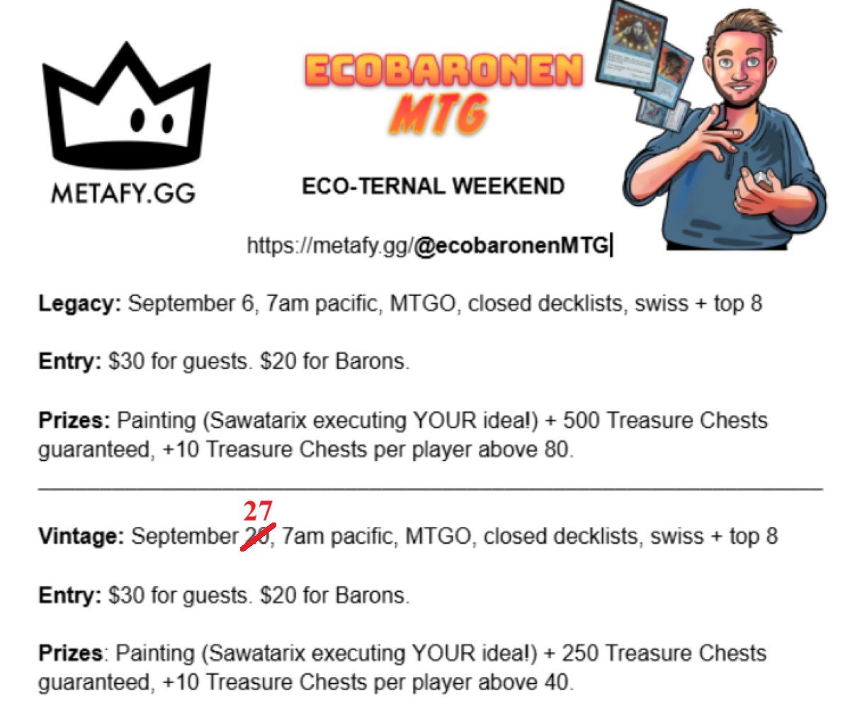 Eco-ternal Weekend is here! Get warmed up for Eternal Weekend, with paintings and tons of treasure chests for prizes. Legacy this Saturday at 7am PT on MTGO. Vintage is Sept 27. #mtg #mtgLegacy #mtgVintage