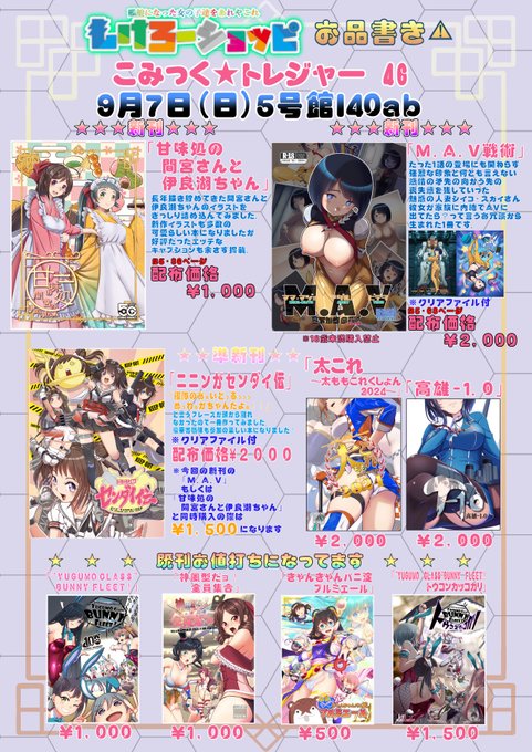 9月7日のこみっくトレジャー46のお品書き
完売のものが増えてるので若干少なめになってます
タペストリーは過去のものを放出するつもり
リプに詳細が続きます
#こみトレ46 