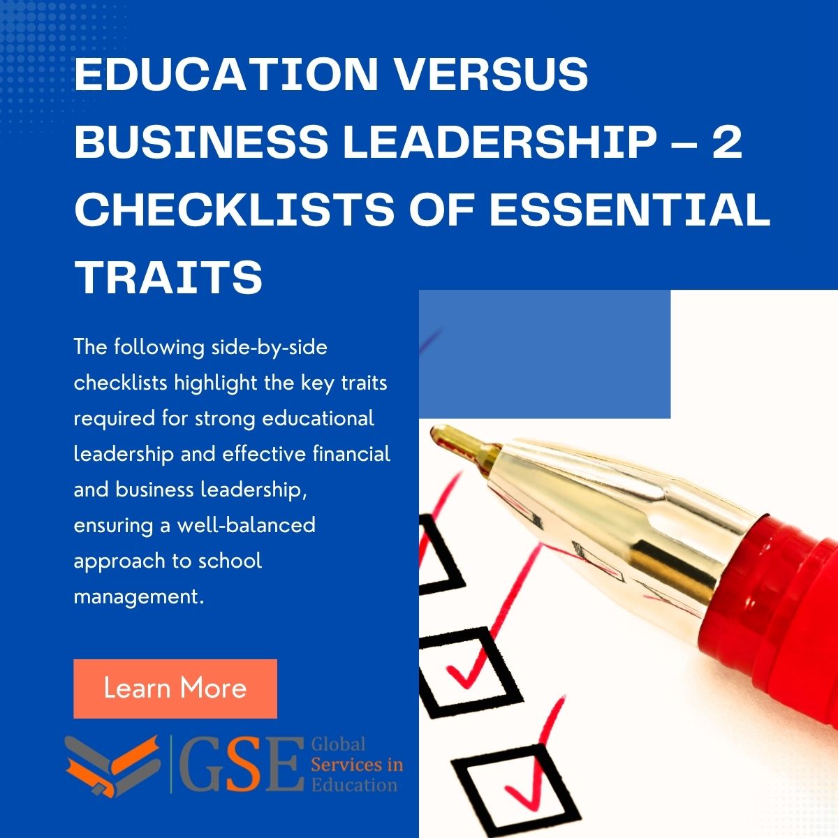Education versus business leadership is best represented as a checklist of complimentary skills and processes because schools often experience a natural tension between educational leadership and financial and business leadership. 

Learn more: bit.ly/3ROukxW