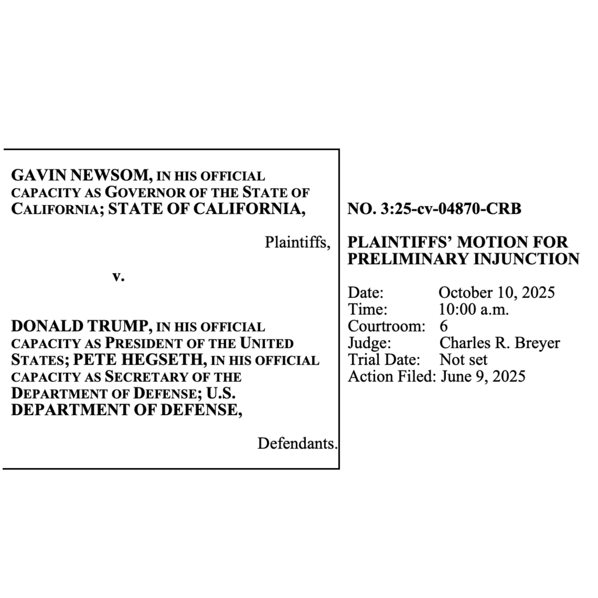 CAgovernor's tweet image. We are filing a request for a preliminary injunction to block the extension of soldiers’ deployment in Los Angeles through Election Day.

There was never a need — and there is certainly no need now — for troops to be deployed against their own communities.