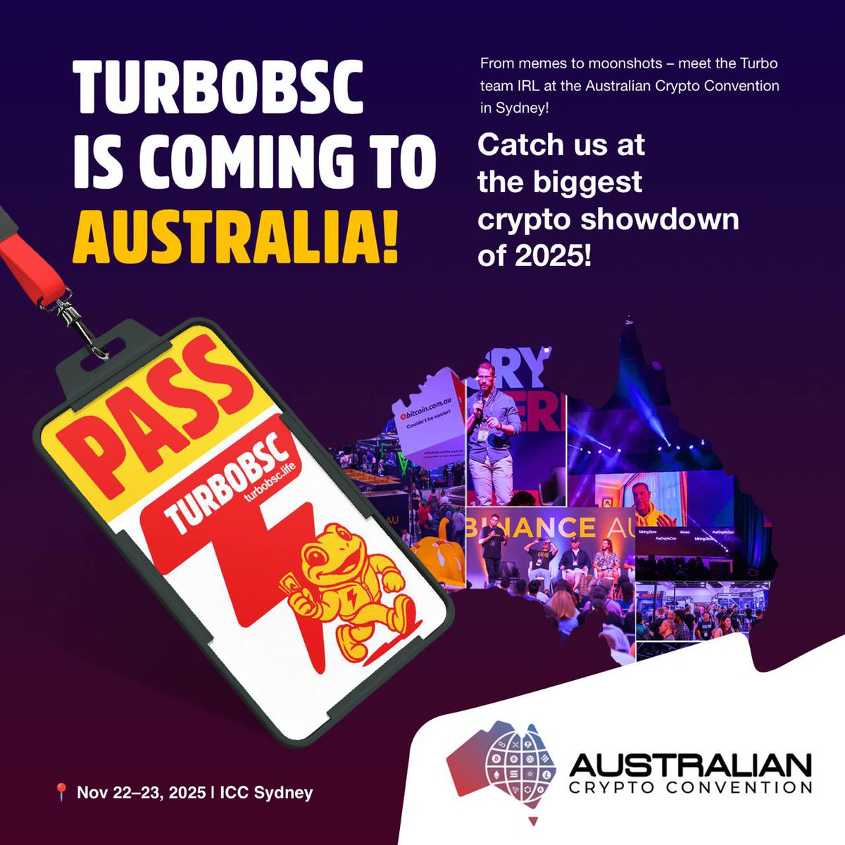 TURBOBSC (@turbo_cto) on Twitter photo 🚨 Official: Turbo is headed to Sydney!
We're bringing the energy, the memes, the madness — and maybe even some alpha. 🐸💥
🗓️ Save the date: Nov 22–23
📍 Location: ICC Sydney, Halls 3 & 4
🧠 Weekly meme drops incoming — and yes, we'll have a live countdown till takeoff.
🧳 Pack 🚨 Official: Turbo is headed to Sydney!
We're bringing the energy, the memes, the madness — and maybe even some alpha. 🐸💥
🗓️ Save the date: Nov 22–23
📍 Location: ICC Sydney, Halls 3 & 4
🧠 Weekly meme drops incoming — and yes, we'll have a live countdown till takeoff.
🧳 Pack