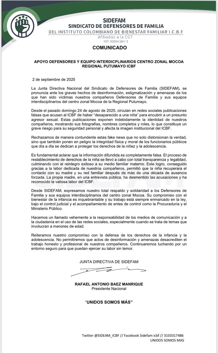 En <a href="/SIDEFAM_ICBF/">SIDEFAM</a> acompañamos y presentamos respaldo a nuestros compañeros defensores de familia y equipos técnicos de la regional putumayo <a href="/ICBFColombia/">Bienestar Familiar | ICBF</a>  no más amenazas ni desinformación <a href="/AstridCaceresC/">Astrid Cáceres</a> <a href="/MintrabajoCol/">MinTrabajo</a> exigimos respeto por nuestra labor