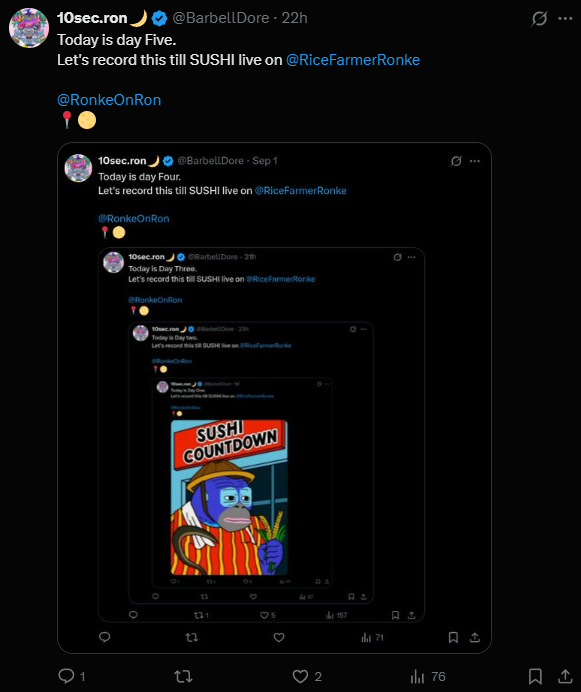 Today is day Six.
Let's record this till SUSHI live on <a href="/RiceFarmerRonke/">Ronke Rice Farmers</a> 

<a href="/RonkeOnRon/">Ronin Monke</a>
📍🌕