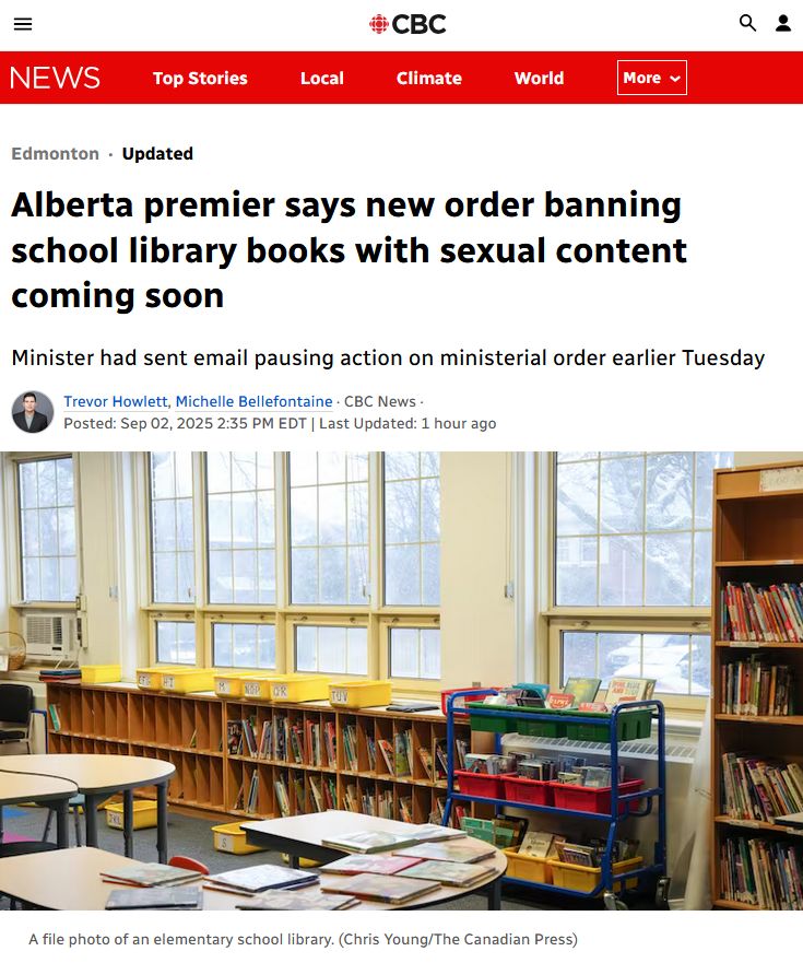 Alberta premier says new order banning school library books with sexual content coming soon cbc.ca/news/canada/ed…

Danielle Smith: "The direction will be to take books with pornographic images out of the libraries and to leave the classics alone."