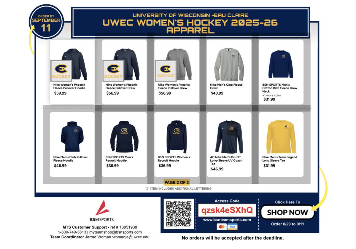 Our Blugold Hockey Team Store is now open! Support your Blugolds in style by shopping our team store! Orders are due September 11th for proper delivery! 

bsnteamsports.com/shop/qzsk4eSXhQ