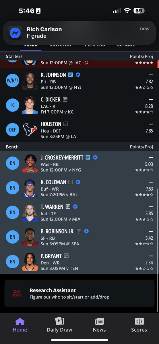 darnellbright4's tweet photo. Thoughts on this team? I drafted 3rd. 13 team 1/2 PPR league. Yahoo gave me a D+… what are your guys thoughts? https://t.co/V44yghbgkZ