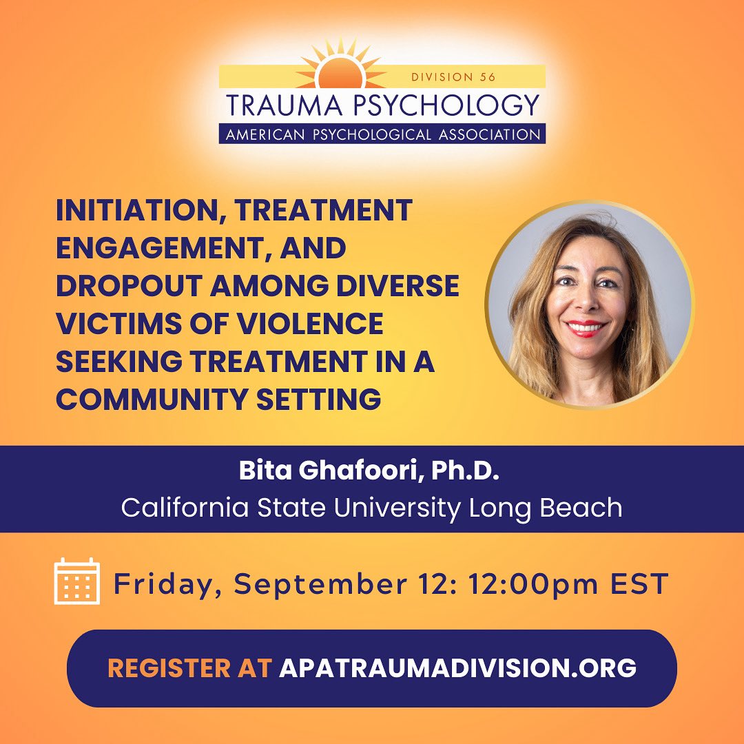 Div56 Trauma Psych (@apadiv56) on Twitter photo Join us for a free webinar titled: Initiation, Treatment Engagement, and Dropout Among Diverse Victims of Violence seeking Treatment in a Community Setting by Bita Ghafoori, Ph.D. #trauma #psychology #traumapsychology #psychotherapy
apadiv56.talentlms.com/plus/catalog
<a href="/APA/">American Psychological Association</a> Join us for a free webinar titled: Initiation, Treatment Engagement, and Dropout Among Diverse Victims of Violence seeking Treatment in a Community Setting by Bita Ghafoori, Ph.D. #trauma #psychology #traumapsychology #psychotherapy
apadiv56.talentlms.com/plus/catalog
<a href="/APA/">American Psychological Association</a>