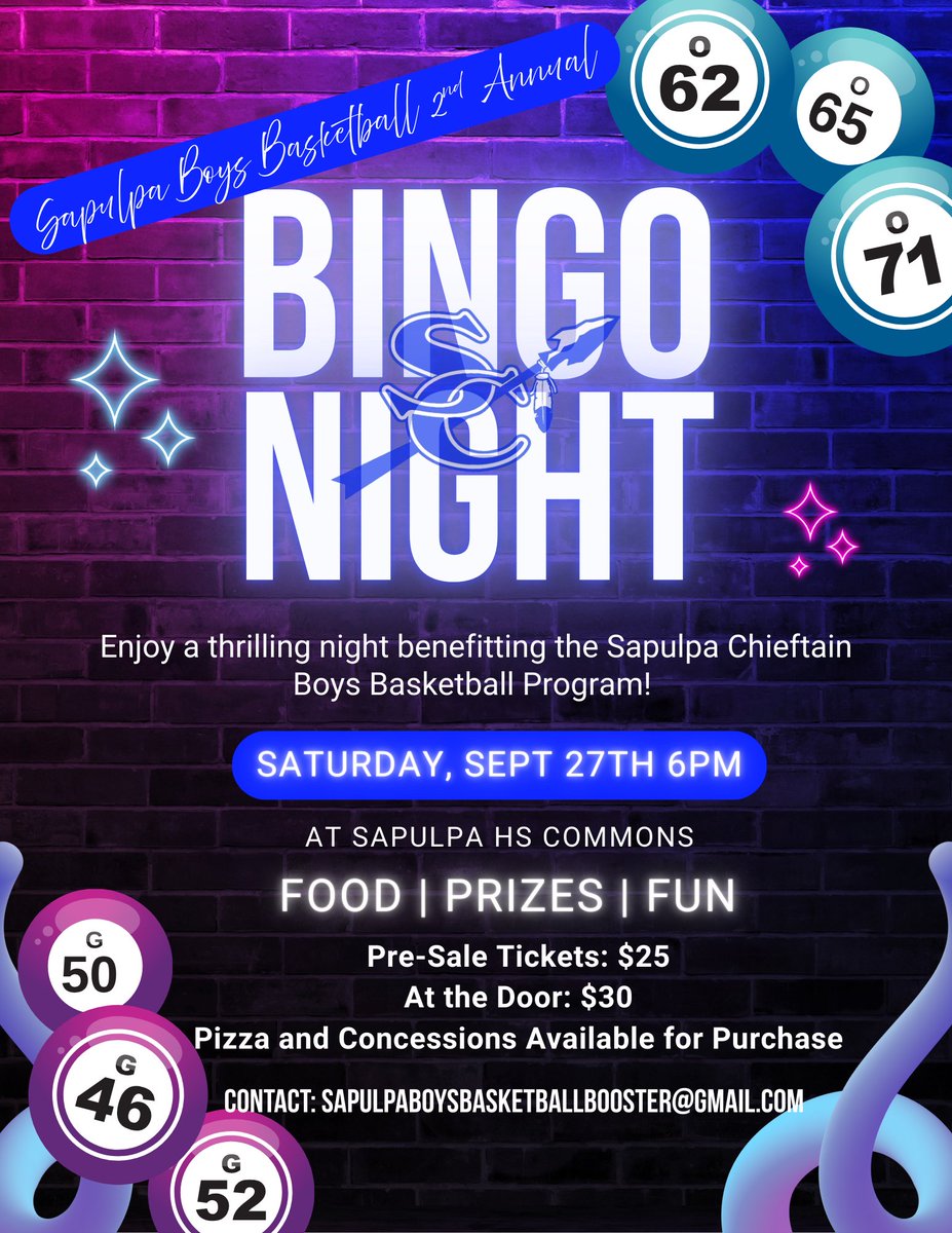 ChieftainHoops's tweet photo. 🏀✨ Bingo Night is Back! ✨🏀
📅 Sat, Sept. 27 | ⏰ 6 PM | 📍 SHS Commons
🎟️ $25 pre-sale | $30 at the door
🍔 Food • 🎁 Prizes • 🎲 Fun

⚠️ Limited to 250 participants – get your tickets early!

📩 Tickets &amp; Info: sapulpaboysbasketballbooster@gmail.com https://t.co/Me1Ko6WNwM