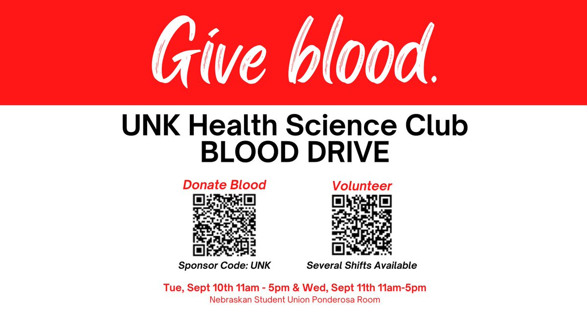 🩸We are at a critical need for blood donation! The #UNKHSCIClub is hosting a blood drive Sept 10th &amp; 11th 11am-5pm in NSU Ponderosa. Secure your spot on  redcrossblood.org (code word "UNK"), use the donation app, or walk in. If you cannot donate, we need volunteers too!