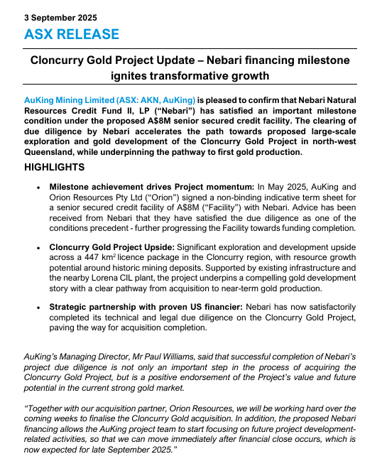 Transformational step for $AKN: Nebari has cleared due diligence on the proposed A$8M credit facility, fast-tracking exploration &amp; gold development at the Cloncurry Gold Project (Qld) and paving the way to first gold.