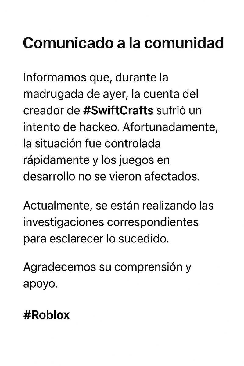 SwiftCraftsRBX's tweet image. Comunicado. #SwiftCrafts #Roblox #RobloxDev