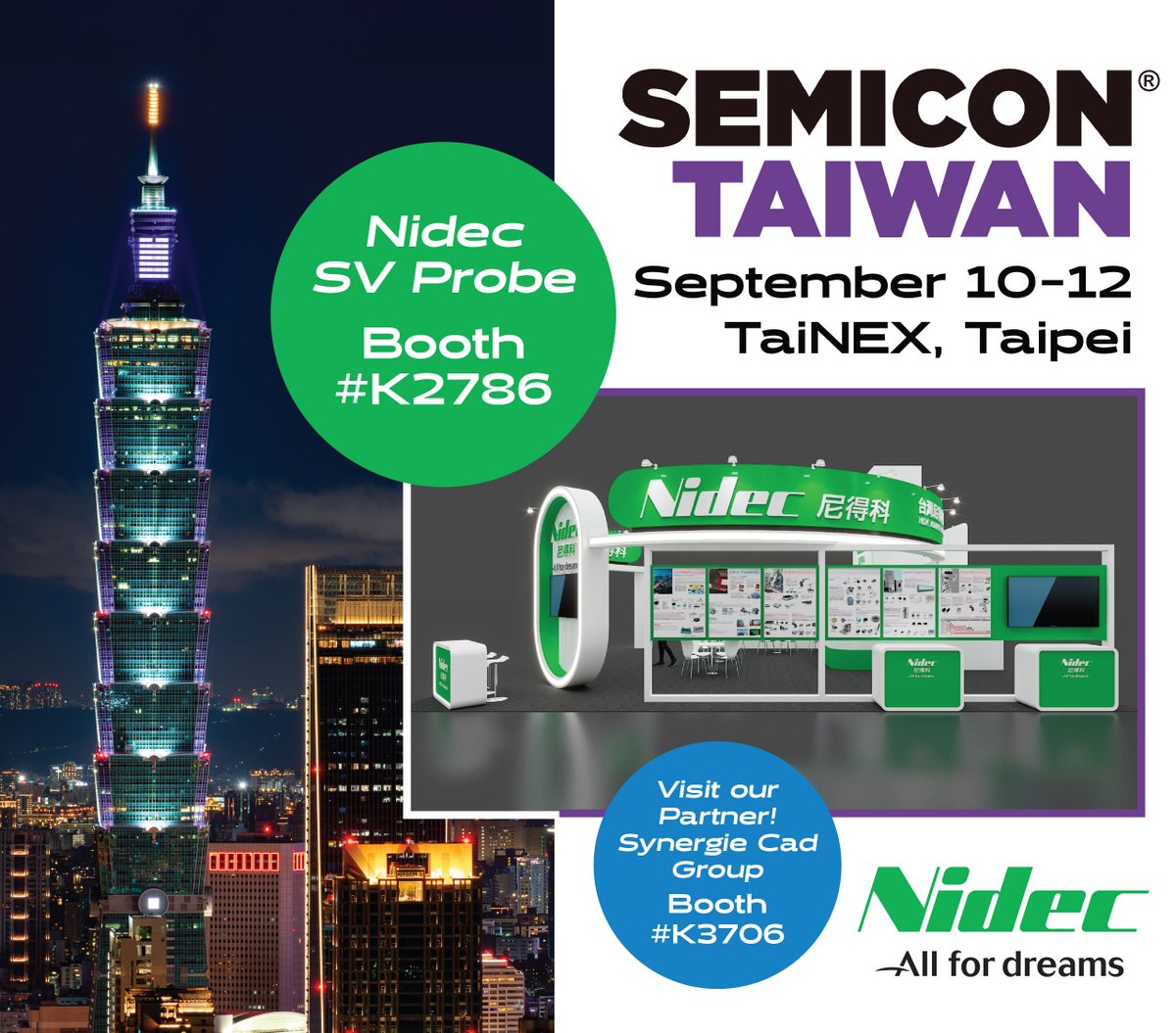 nidecsvprobe's tweet image. SEMICON Taiwan begins in 1 week! Join NIDEC SV PROBE at the Nidec Advance Technology Booth, K2786 to learn more about our wide variety of testing solutions. Our partner, Synergie Cad will also be at this show, visit them at Booth K3076! 

#SEMICONTaiwan #MEMS #probecards #PCB