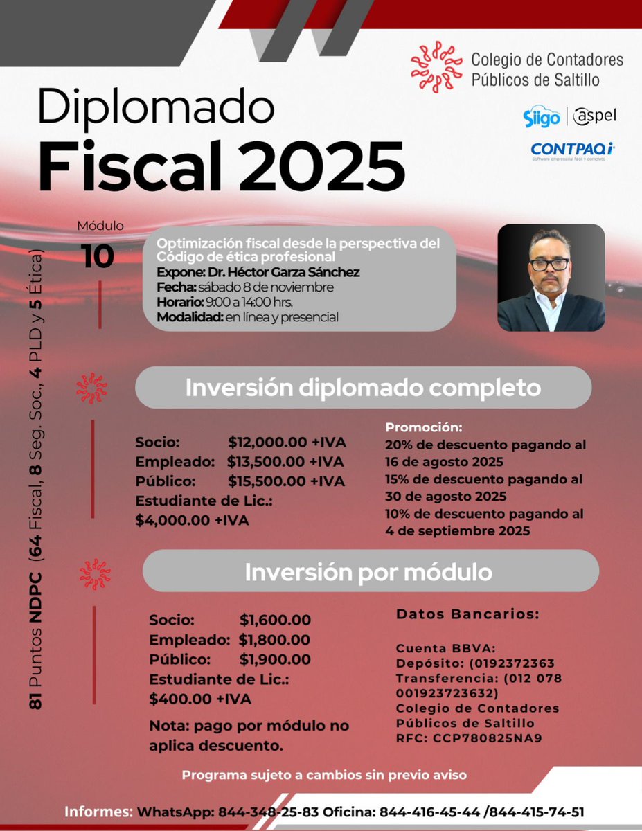 CCP_Saltillo's tweet photo. ⏰¡Ya casi comienza el Diplomado Fiscal 2025! No dejes pasar esta gran oportunidad, inscríbete ahora y obtén un 10% de descuento exclusivo. ¡Aprovecha y prepárate para llevar tus conocimientos al siguiente nivel! 🎯
Informes al 844 348 2583 https://t.co/mhXRAQQfis