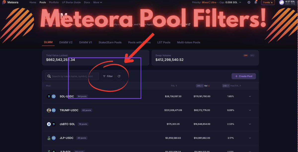 Screenshot of Meteora's Pools page with the new filter button highlighted
