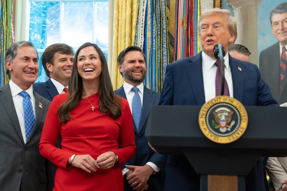 VP's tweet image. 📸VP Vance joins @POTUS for a press conference announcing the relocation of Space Command headquarters to Huntsville, AL