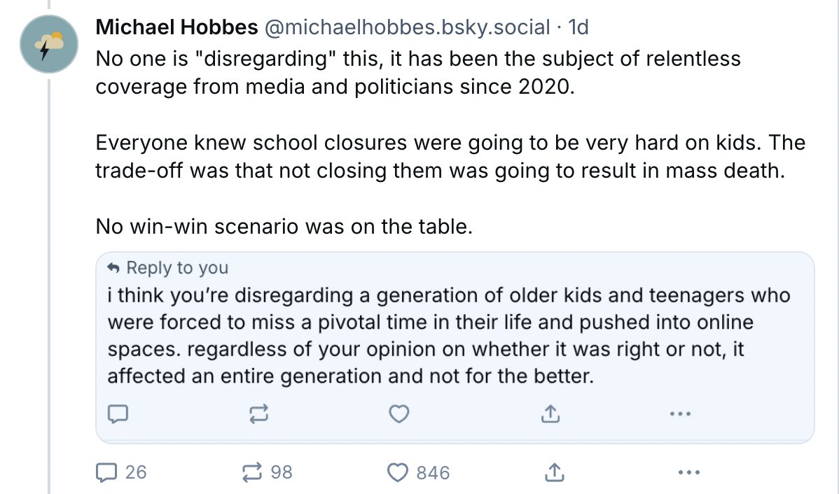 "Everyone knew school closures were going to be very hard on kids. The trade-off was that not closing them was going to result in mass death." 

Was there mass death in Sweden?