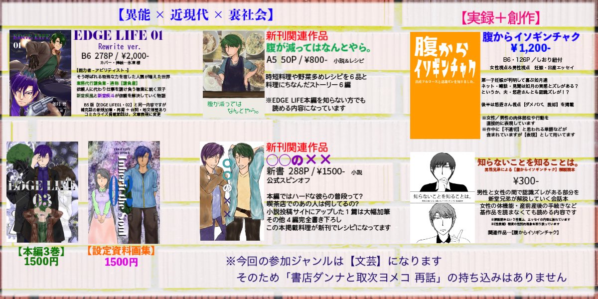 Fake_Time_PR's tweet photo. #COMITIA153
#COMITIA153お品書き 
日にちも差し迫ってきていますが、お品書き失礼致します。

東5　さ-24b　  《Fake Time》
※【文芸】ジャンルでの参加

今回は短編集が新刊になります。
また、７月に発行したレシピ本もEDGE LIFE関連であるため頒布致します。 https://t.co/L5evjrINbZ