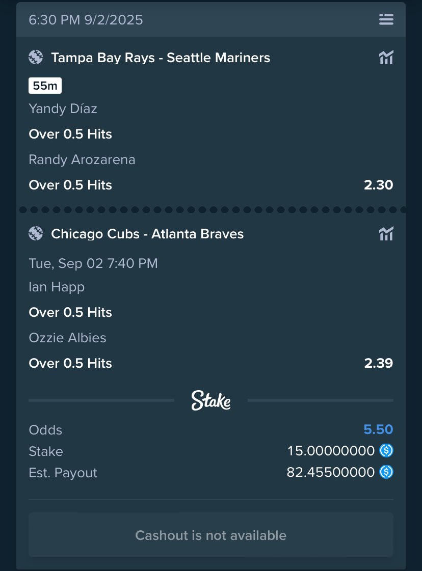 🚨 MLB 4-LEG HITTER PLAY +450

Yandy Díaz 1+ Hit
Randy Arozarena 1+ Hit
Ian Happ 1+ Hit
Ozzie Albies 1+ Hit

Riding strong splits + hot bats tonight let’s cook ⚾🔥

🚪VIP Opening TOMORROW | PassportPicks.ca

Join the free lounge ➡️ dsc.gg/ppicksfl