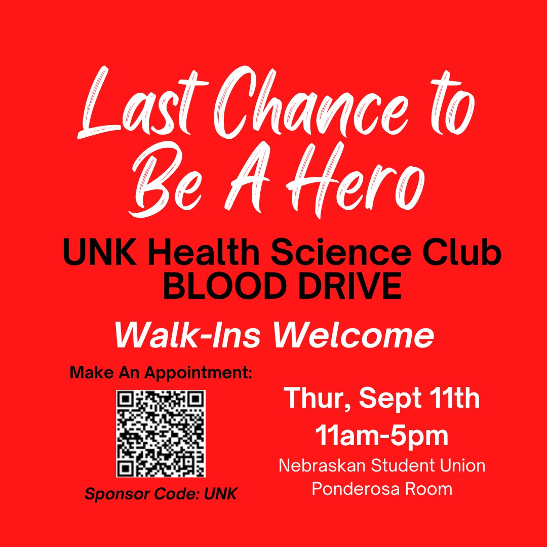 ❤️LAST CHANCE TO BE A HERO! What better way to do some good on September 11th than giving blood? The #UNKHSCIClub is sponsoring a blood drive and still has openings for Sept 11th. Schedule a time to donate blood via redcrossblood.org, using the donation app, or walk-in.