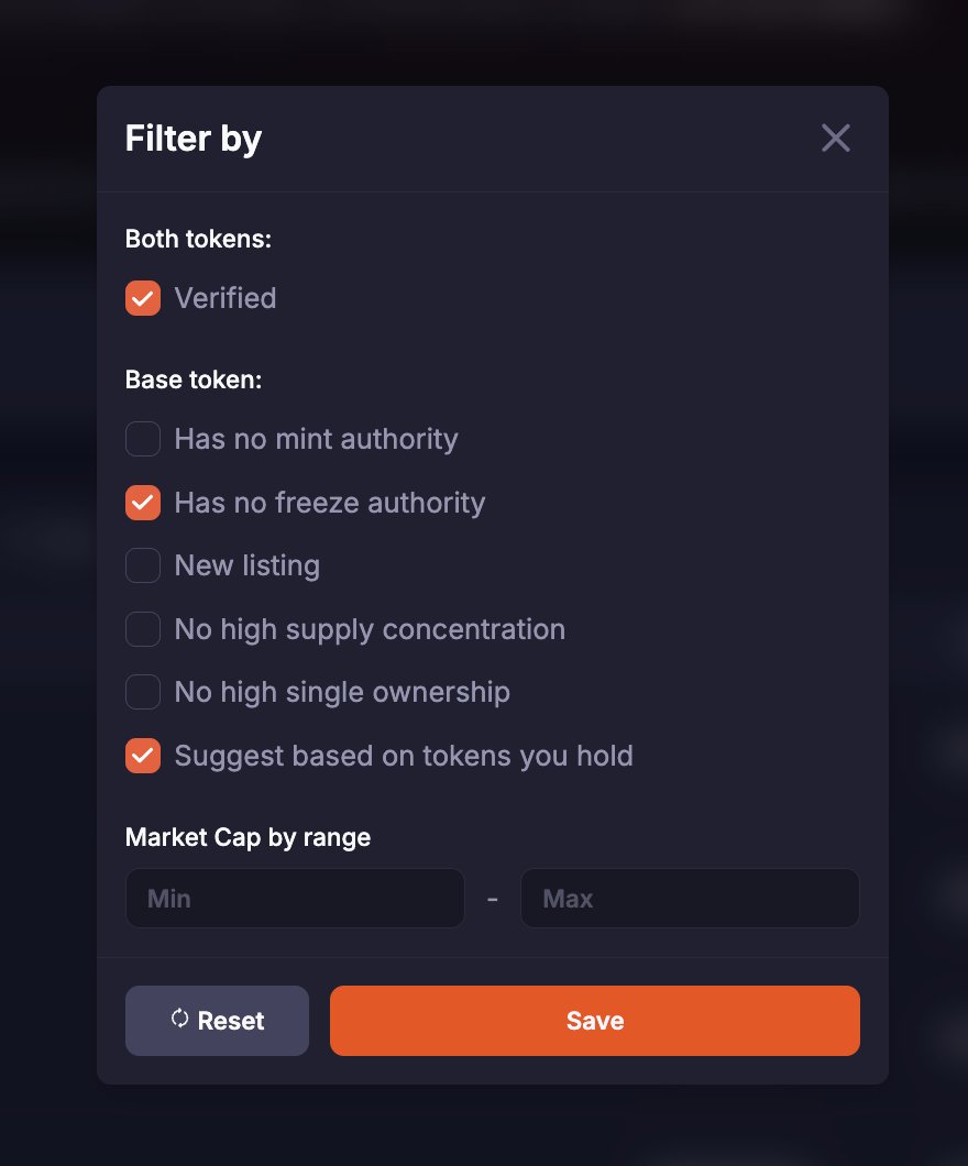 Screenshot of Meteora's Pool Filter options menu