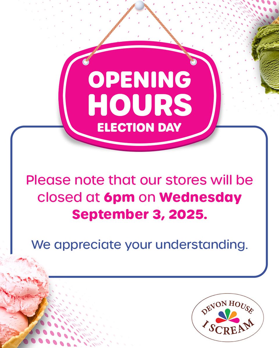 scoopsja's tweet photo. All Scoops locations will be closed at 6 pm on Wednesday September 3,2025 and will resume regular opening hours on Thursday September 4, 2025. We look forward to serving you.
#ScoopsofJamaica
#DevonHouseIScream
#AuthenticJamaicanIceCream https://t.co/y9pojwQaAm