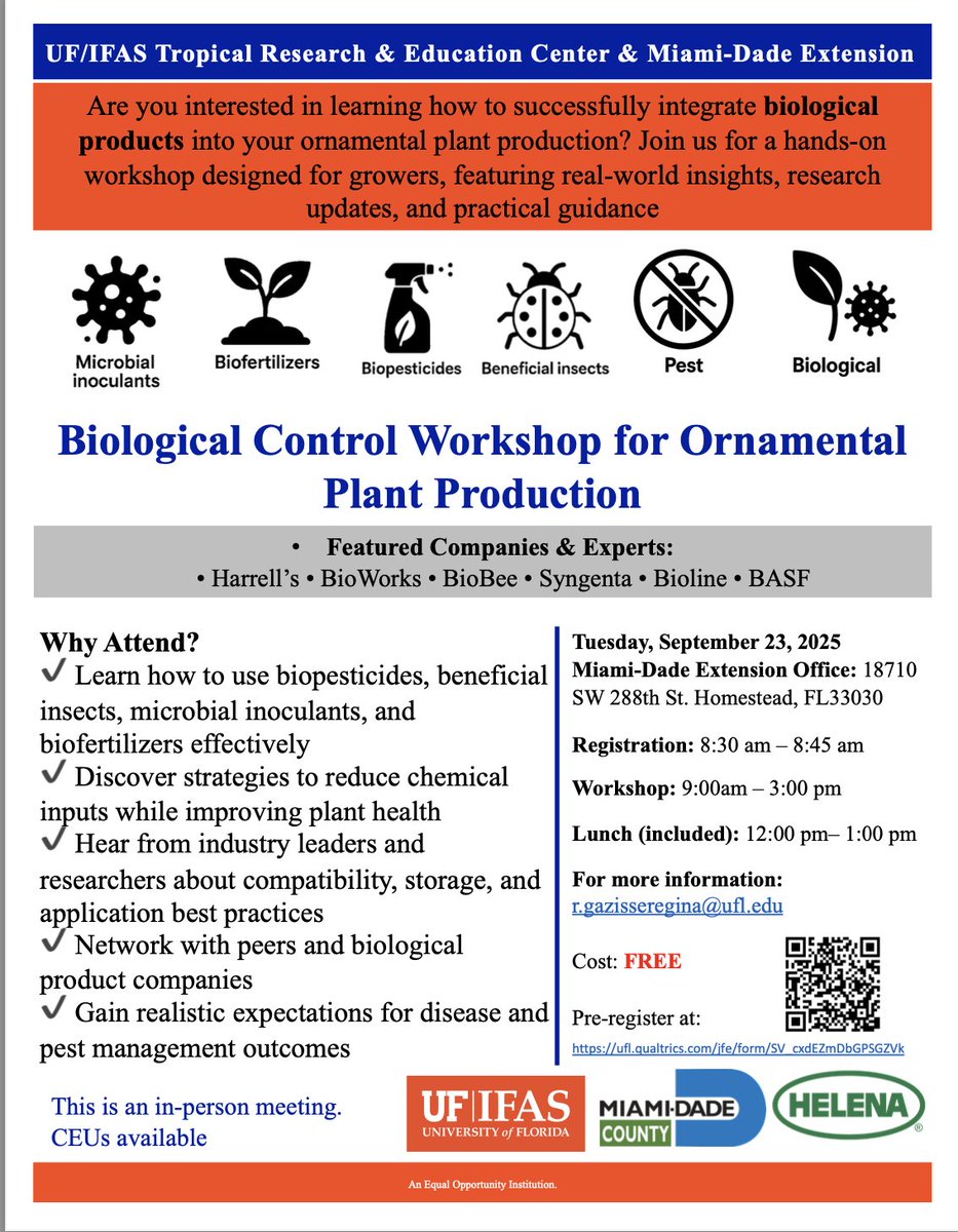 Tropical Plant Clinic & Research Lab (@clinicplant) on Twitter photo Are you interested in learning how to successfully integrate #biological products into your #ornamental plant production?
Join us for a hands-on, in-person workshop hosted by the UF/IFAS Tropical Research & Education Center and Miami-Dade Extension. This event is designed Are you interested in learning how to successfully integrate #biological products into your #ornamental plant production?
Join us for a hands-on, in-person workshop hosted by the UF/IFAS Tropical Research & Education Center and Miami-Dade Extension. This event is designed