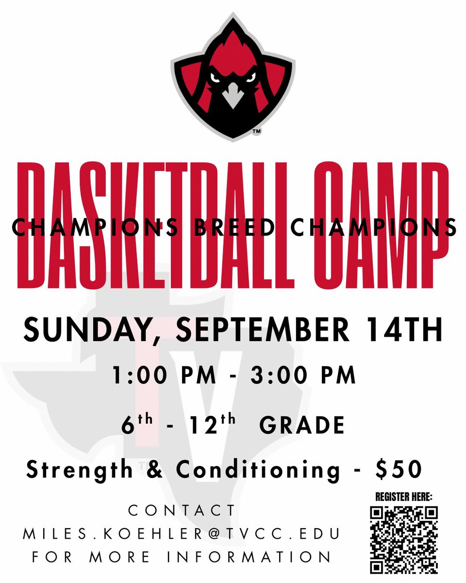 🏀🔥 Champions Breed Champions 🔥🏀
Join us for TVCC Basketball Camp on Sunday, Sept. 14th!
📅 1:00 PM – 3:00 PM
👥 6th–12th Grade
💪 Strength &amp; Conditioning | $50

Don’t miss your chance to train like a champion 
#TVCC #BasketballCamp #ChampionsBreedChampions