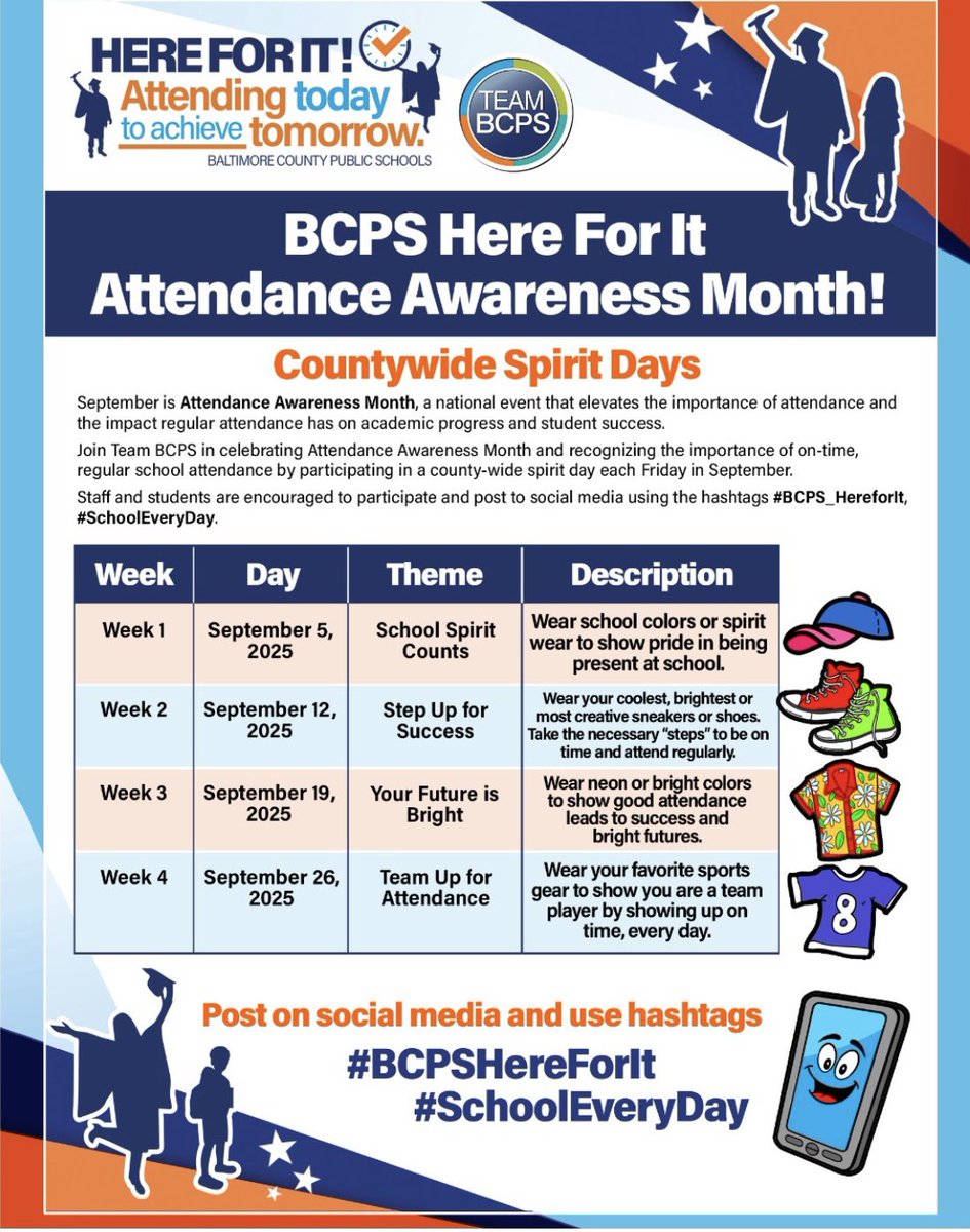 BCPS-PPW (@bcps_ppw) on Twitter photo Join Team <a href="/BaltCoPS/">Baltimore County Public Schools</a> in celebrating Attendance Awareness Month
& elevating the importance of on-time, regular school attendance by participating in county-wide spirit days EVERY FRIDAY in September. <a href="/HJFranklin1007/">Howard Franklin</a> <a href="/MdPublicSchools/">Maryland State Department of Education</a> @DrMRogersBCPS <a href="/attendanceworks/">Attendance Works</a> <a href="/usedgov/">U.S. Department of Education</a> Join Team <a href="/BaltCoPS/">Baltimore County Public Schools</a> in celebrating Attendance Awareness Month
& elevating the importance of on-time, regular school attendance by participating in county-wide spirit days EVERY FRIDAY in September. <a href="/HJFranklin1007/">Howard Franklin</a> <a href="/MdPublicSchools/">Maryland State Department of Education</a> @DrMRogersBCPS <a href="/attendanceworks/">Attendance Works</a> <a href="/usedgov/">U.S. Department of Education</a>