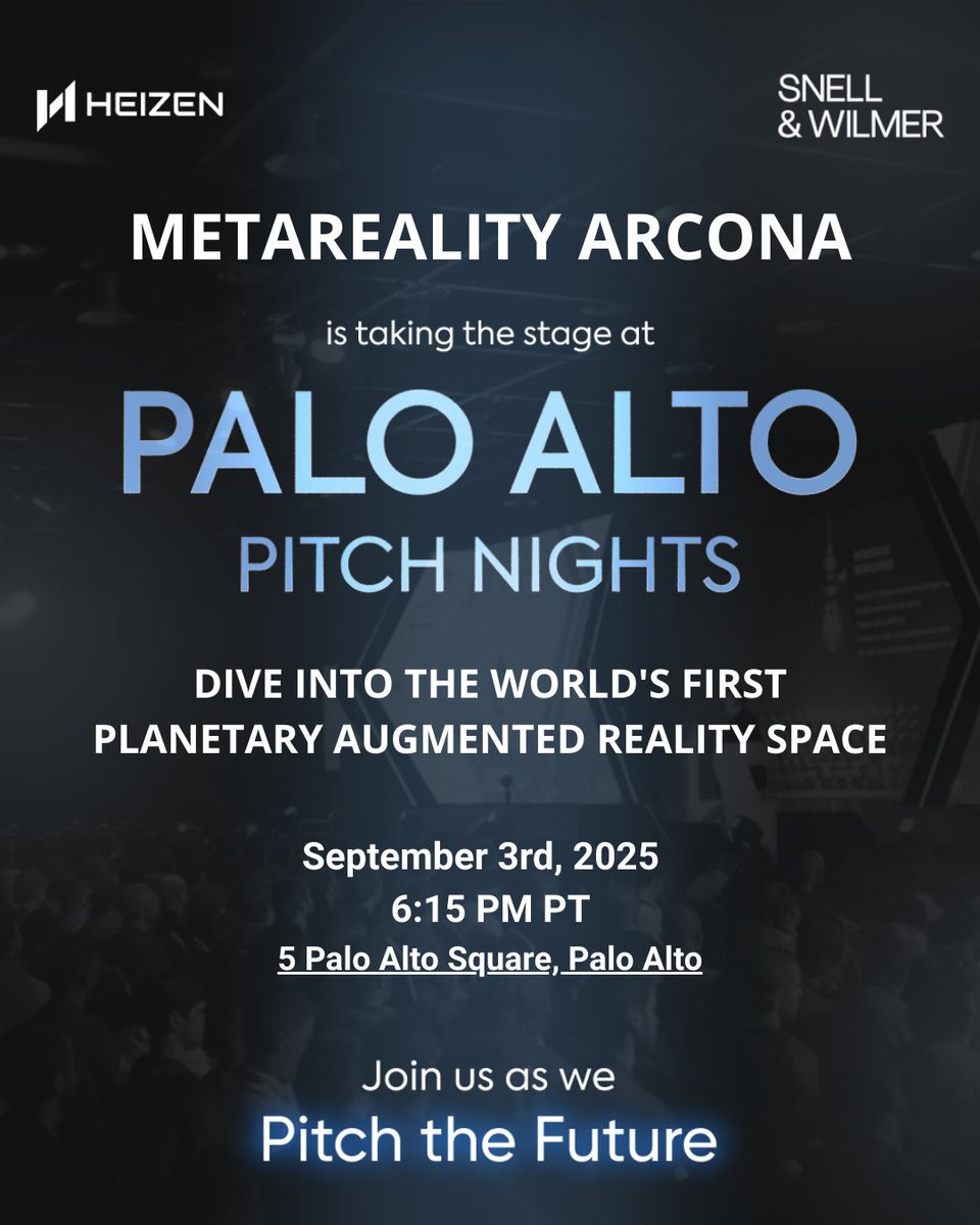 arconametaverse's tweet image. 🚀 #Metareality at Palo Alto Pitch Nights
📅 Sept 3 • 6:15 PM PT
📍 Silicon Valley • 5 Palo Alto Square
🌐 Presenting a persistent AR layer wrapped around the Earth
🔗 Details: heizen.work
$ARCONA
#SpatialComputing
#AugmentedReality
#Heizen
@Heizen