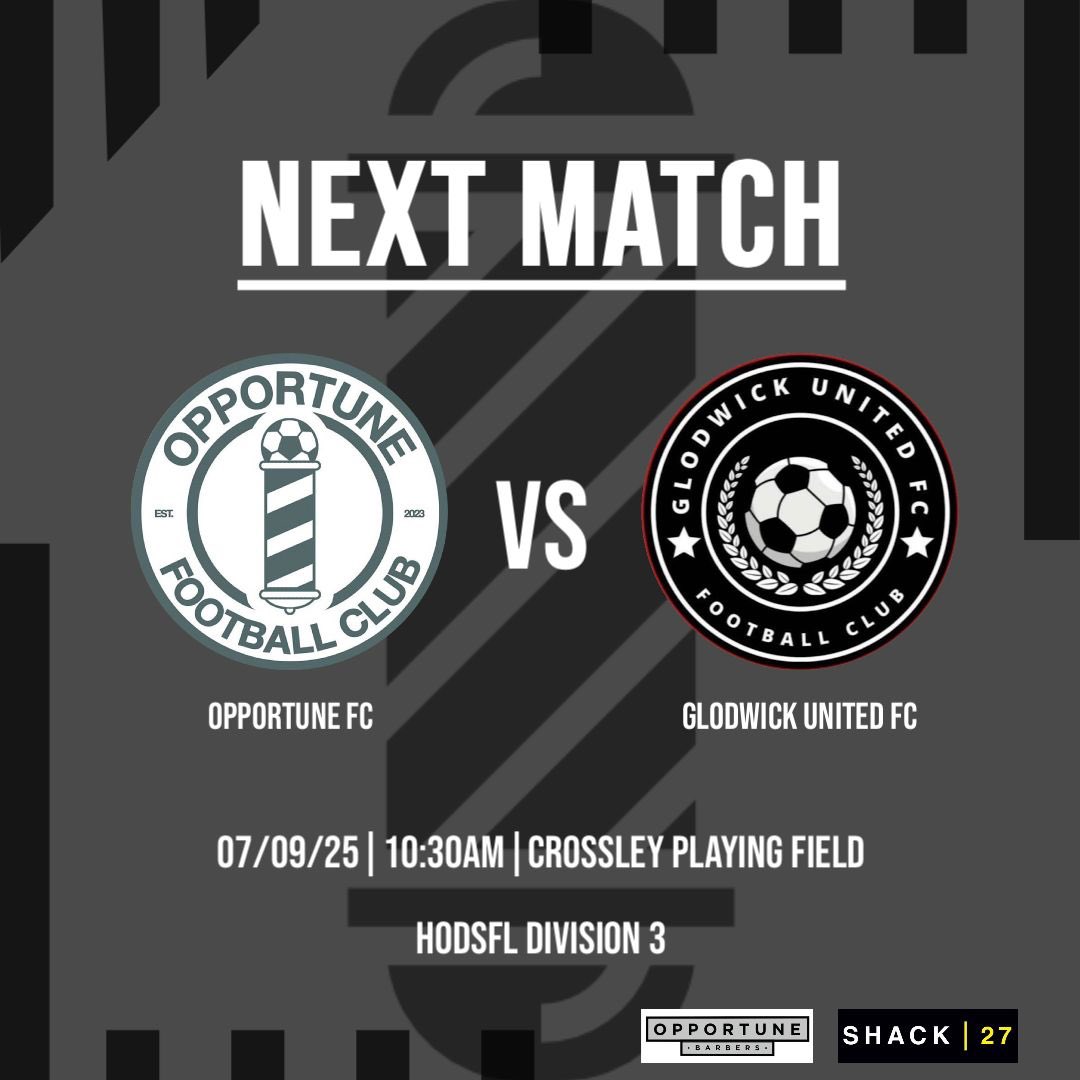 ❌ Start Of The Season ❌

This Sunday we begin our league campaign against a newly formed team we don’t know much about! Let’s see what we can do! 

🆚 Glodwick United FC
🏆 <a href="/HODSFL/">Hyde, Oldham & District Sunday League</a> Div 3
⏰ 10:30am
📆 07/09/2025
📍 Crossley PF

Come down to support the lads! 💈