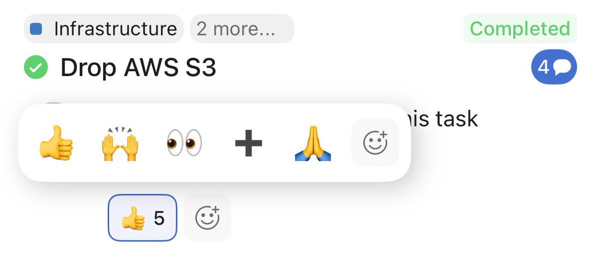 constantino's tweet image. I am not a fan of the emoji reactions recently added to @asana. They are unneeded complexity. Other updates are great. In other news, @stickermule no longer uses S3.