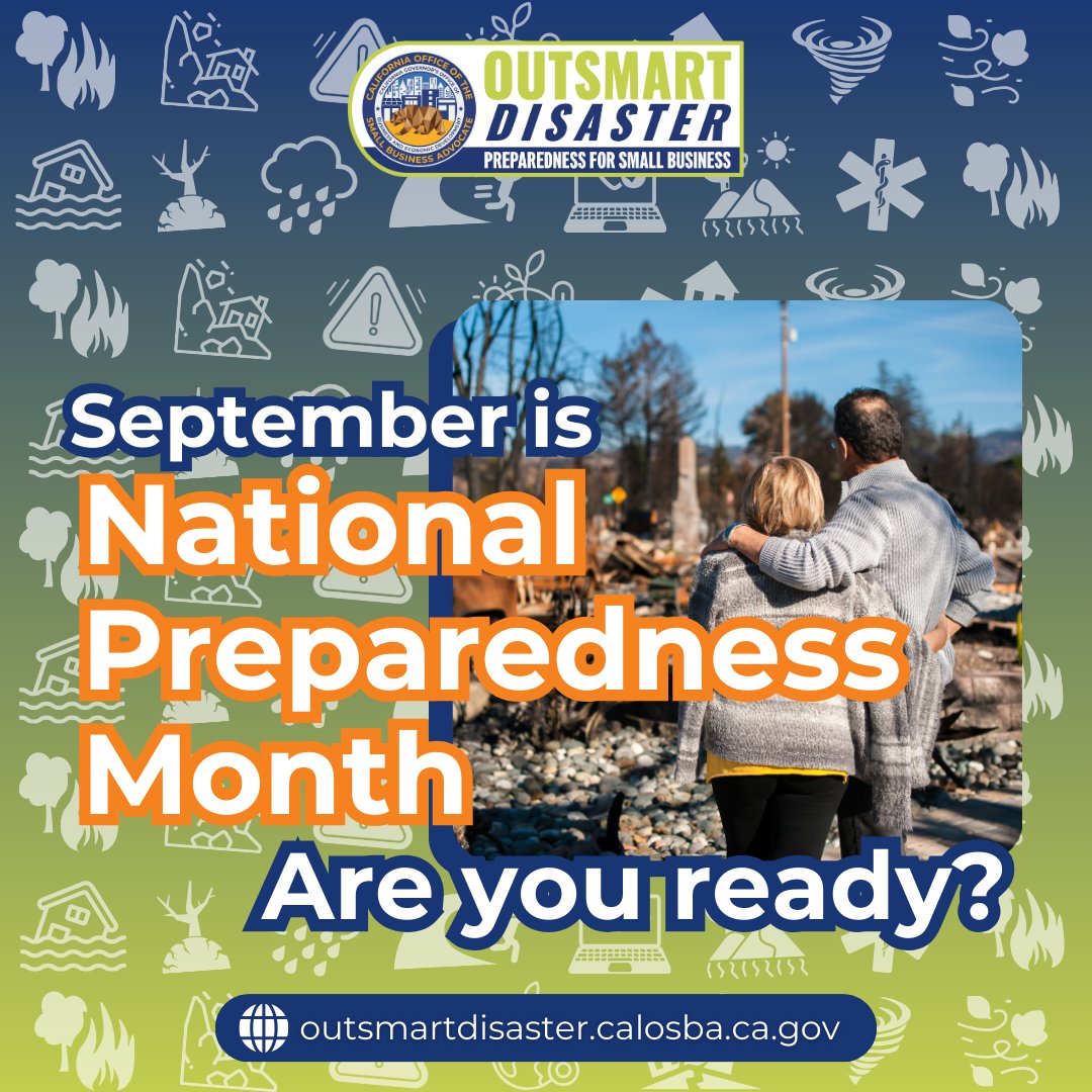 CaliforniaOSBA's tweet image. September is National Preparedness Month! ⚠️
CalOSBA, alongside @OutsmrtDisaster, is here to help small businesses stay ready all month long.

✅ Weekly tips
✅ Webinars &amp;amp; resources
✅ Step-by-step planning tools

#PreparednessMonth #SmallBizReady #OutsmartDisaster #CalOSBA