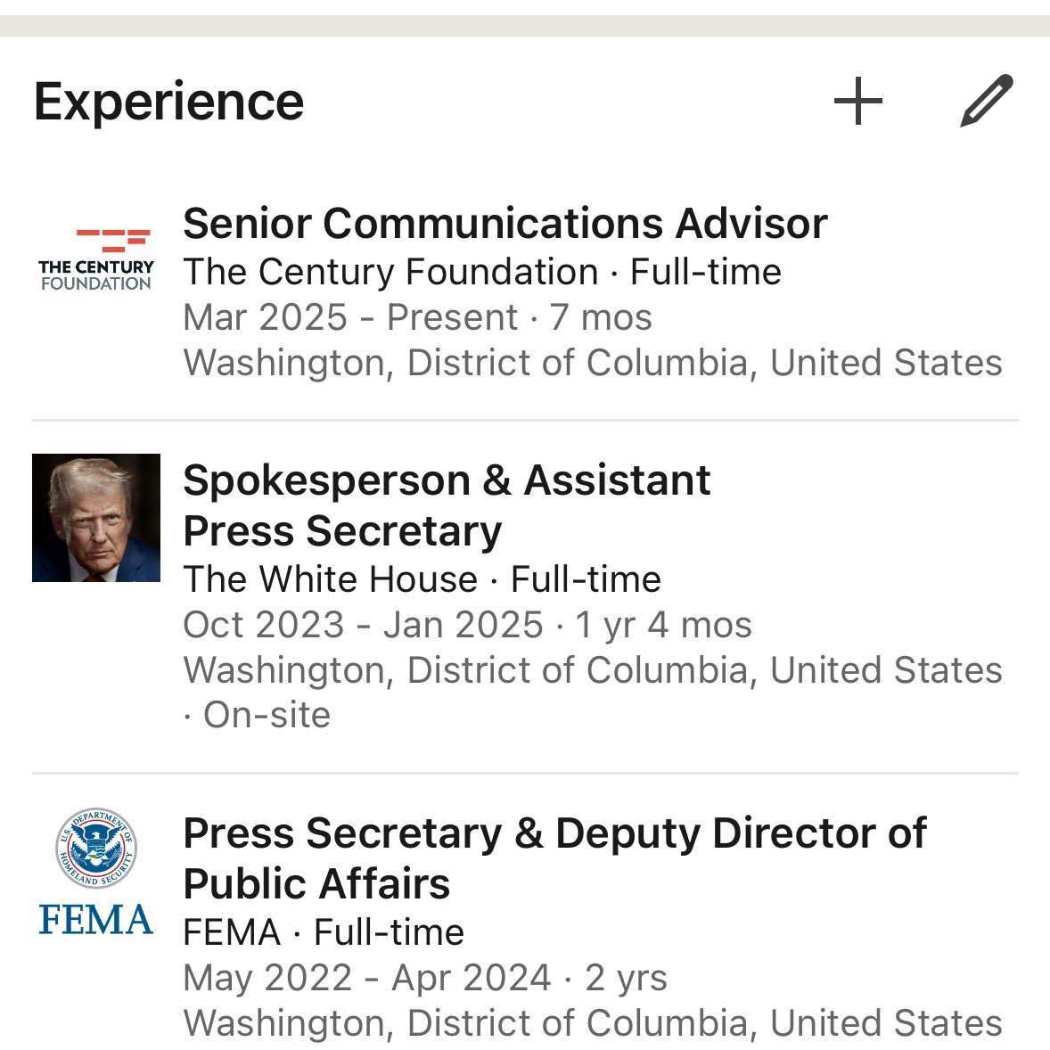 EricLDaugh's tweet image. 🔥 BREAKING: The White House on LinkedIn has changed their profile picture to Donald Trump, so even the people who worked for BIDEN from 2021-2025 have Trump's face on their profile. Liberals HATE IT. 🤣
"If you worked for the White House in the past, and it's on your profile,…