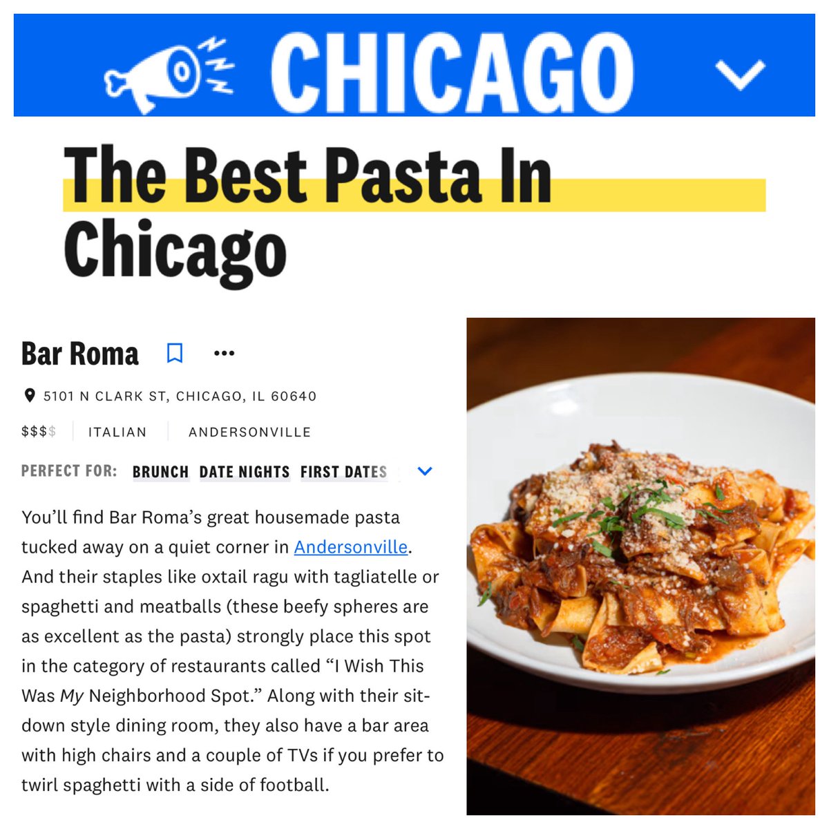 Bar Roma was named one of the best places for #pasta in Chicago by <a href="/infatuation/">The Infatuation</a>! 🎉🙌🍝 

theinfatuation.com/chicago/guides…