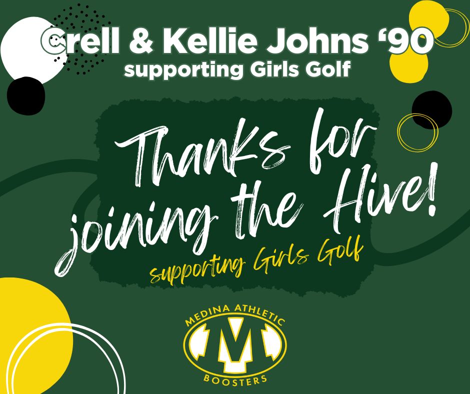 The @medinaboosters thank Crell &amp; Kellie Johns '90 <a href="/MedinaAlumni/">Medina Alumni</a> <a href="/crelljohns/">Crell Johns</a> for rejoining the Hive for new season &amp; supporting <a href="/beesgirlsgolf/">Medina Girls Golf</a> with 80% of their membership.  Score a hole in one for your favorite team(s) and Join the Hive! medinaboosters.org/membership-lev… <a href="/medinaathletics/">Medina Athletics</a>